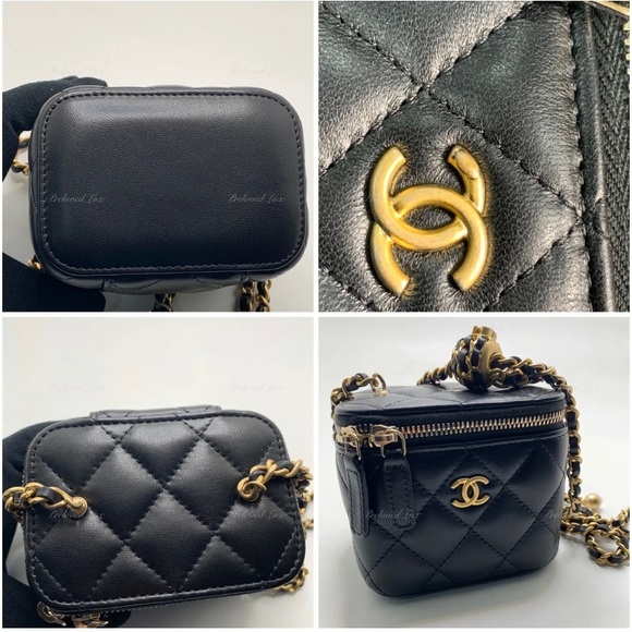 Authentic CHANEL Black Lambskin Leather threaded Pearl Crush Mini Vanity Bag - Picture 4 of 9